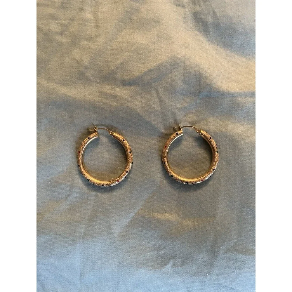 14K YELLOW GOLD MULTI-COLOR DROP  EARRINGS RED GREEN BLUE  HOOP LOOP 6.2G GRAM